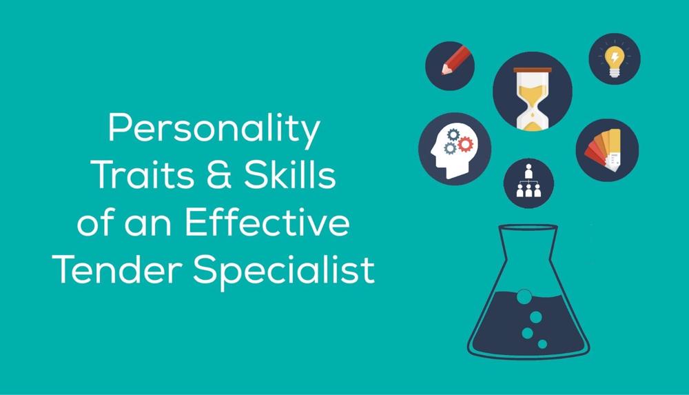 Featured image reading "Personality Traits and Skills of an Effective Tender Specialist" next to icons of pencil, timeturner, lightbulb, head with gear icons and a color palette